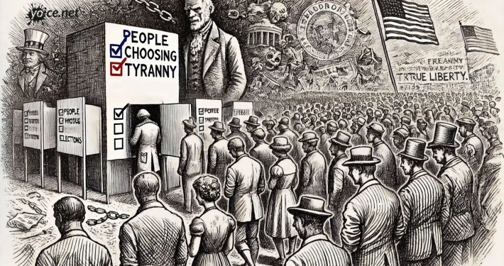 Eine handgezeichnete Illustration im klassischen Skizzenstil, die das Konzept von Menschen darstellt, die sich durch Wahlen für Tyrannei entscheiden. Die Szene zeigt eine Menschenmenge in einer Schlange zur Wahl, aber anstatt eine Wahlkabine zu betreten, gehen sie auf eine riesige, imposante Gestalt eines Tyrannen zu, der über ihnen aufragt.