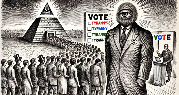 Eine handgezeichnete Illustration im klassischen Skizzenstil, die das Konzept von Menschen darstellt, die sich durch Wahlen für Tyrannei entscheiden. Die Szene zeigt eine Menschenmenge in einer Schlange zur Wahl, aber anstatt eine Wahlkabine zu betreten, gehen sie auf eine riesige, imposante Gestalt eines Tyrannen zu, der über ihnen aufragt.