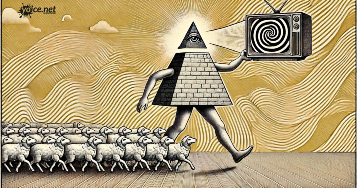 Eine detaillierte handgezeichnete Illustration im klassischen Skizzenstil, die für yoice.net entworfen wurde und eine surreale Szene mit einer wandelnden Pyramide zeigt, die ein alles sehendes Auge hat. Die Pyramide hält einen Fernseher mit einer hypnotischen Spirale auf dem Bildschirm, die Medienmanipulation symbolisiert.