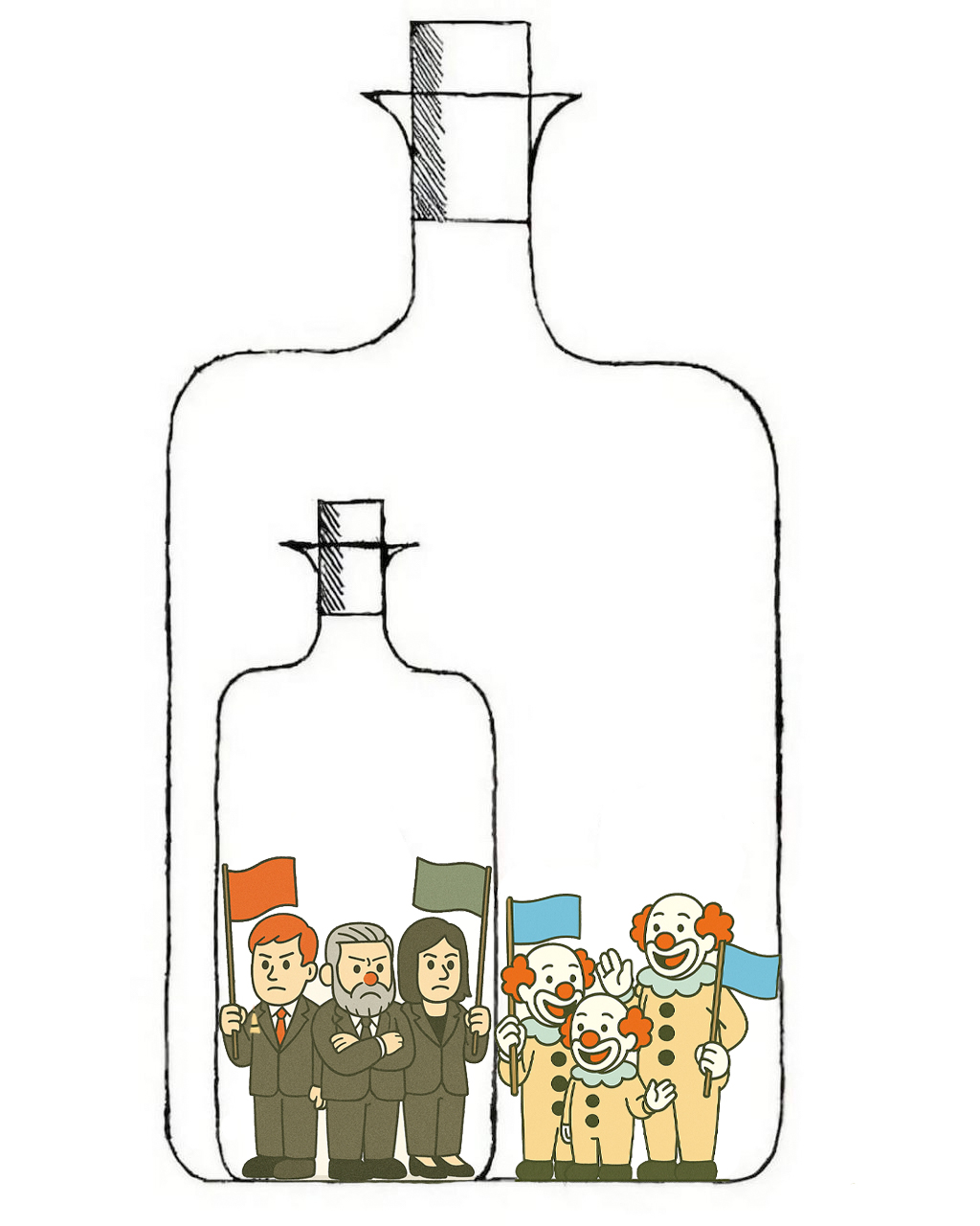 Dieses Bild zeigt auf provokante Weise, wie sich ernsthafte Kritiker und mediale Clowns innerhalb desselben Systems bewegen. Ob rote, grüne oder blaue Fahnen – alle bleiben im digitalen Glaskäfig gefangen. Eine visuelle Metapher für Phantomkritik, Algorithmus-Zensur und die Illusion echter Opposition. Ideal für Artikel zur Wahrheitsbewegung, alternativen Medien und Informationskontrolle.