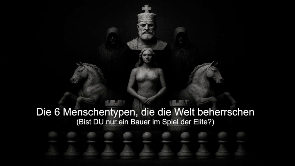 Symbolisches Schachbrett mit Figuren: Statue eines Königs, einer Königin, zwei Pferde und Bauern in dunkler Atmosphäre. Darstellung der 6 Menschentypen, die die Welt beherrschen – Metapher für Machtstrukturen, Elite und gesellschaftliches Schachspiel.