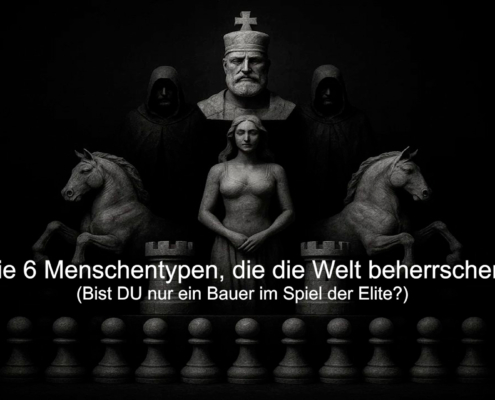 Symbolisches Schachbrett mit Figuren: Statue eines Königs, einer Königin, zwei Pferde und Bauern in dunkler Atmosphäre. Darstellung der 6 Menschentypen, die die Welt beherrschen – Metapher für Machtstrukturen, Elite und gesellschaftliches Schachspiel.