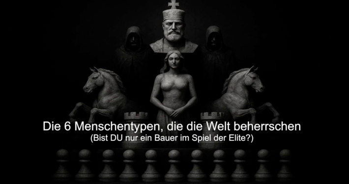 Symbolisches Schachbrett mit Figuren: Statue eines Königs, einer Königin, zwei Pferde und Bauern in dunkler Atmosphäre. Darstellung der 6 Menschentypen, die die Welt beherrschen – Metapher für Machtstrukturen, Elite und gesellschaftliches Schachspiel.