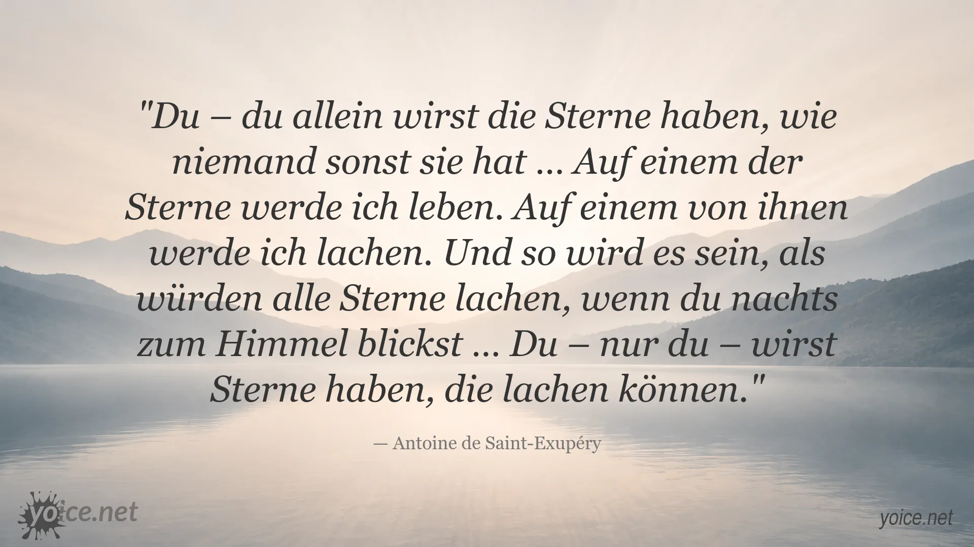 Poetisches Zitat von Antoine de Saint-Exupéry über Sterne, Lachen und Einzigartigkeit