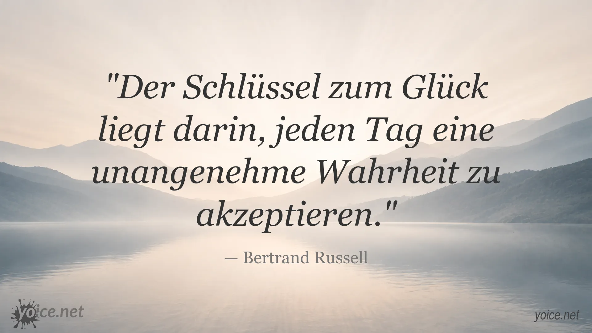 Zitatgrafik mit einem Bertrand-Russell-Zitat über Glück und die Akzeptanz unangenehmer Wahrheiten