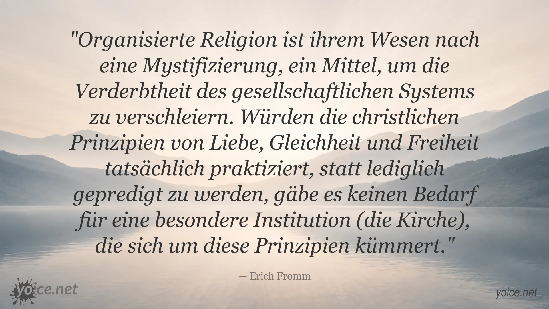 Zitatgrafik von Erich Fromm über organisierte Religion, Liebe, Gleichheit und Freiheit