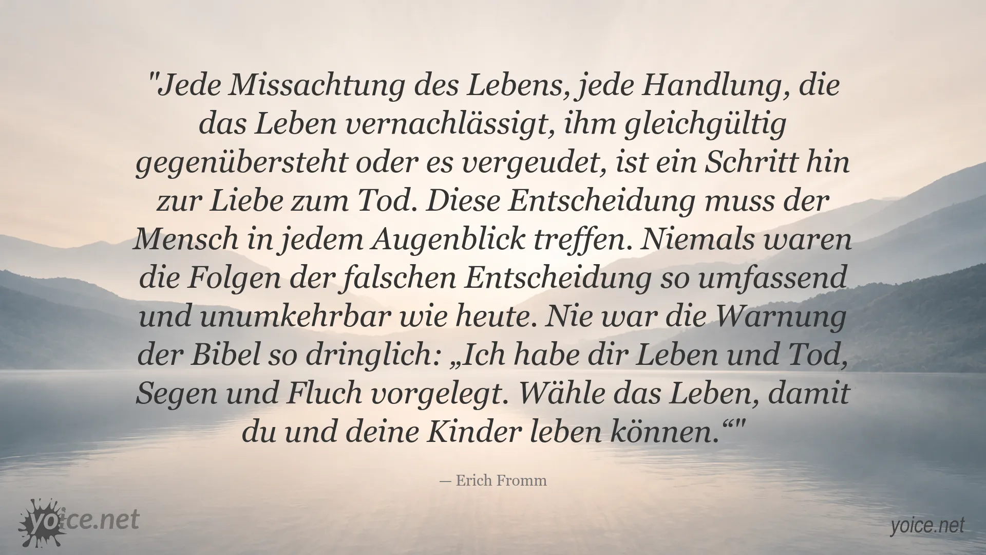 Zitatbild mit einem Gedanken von Erich Fromm über die Entscheidung für das Leben