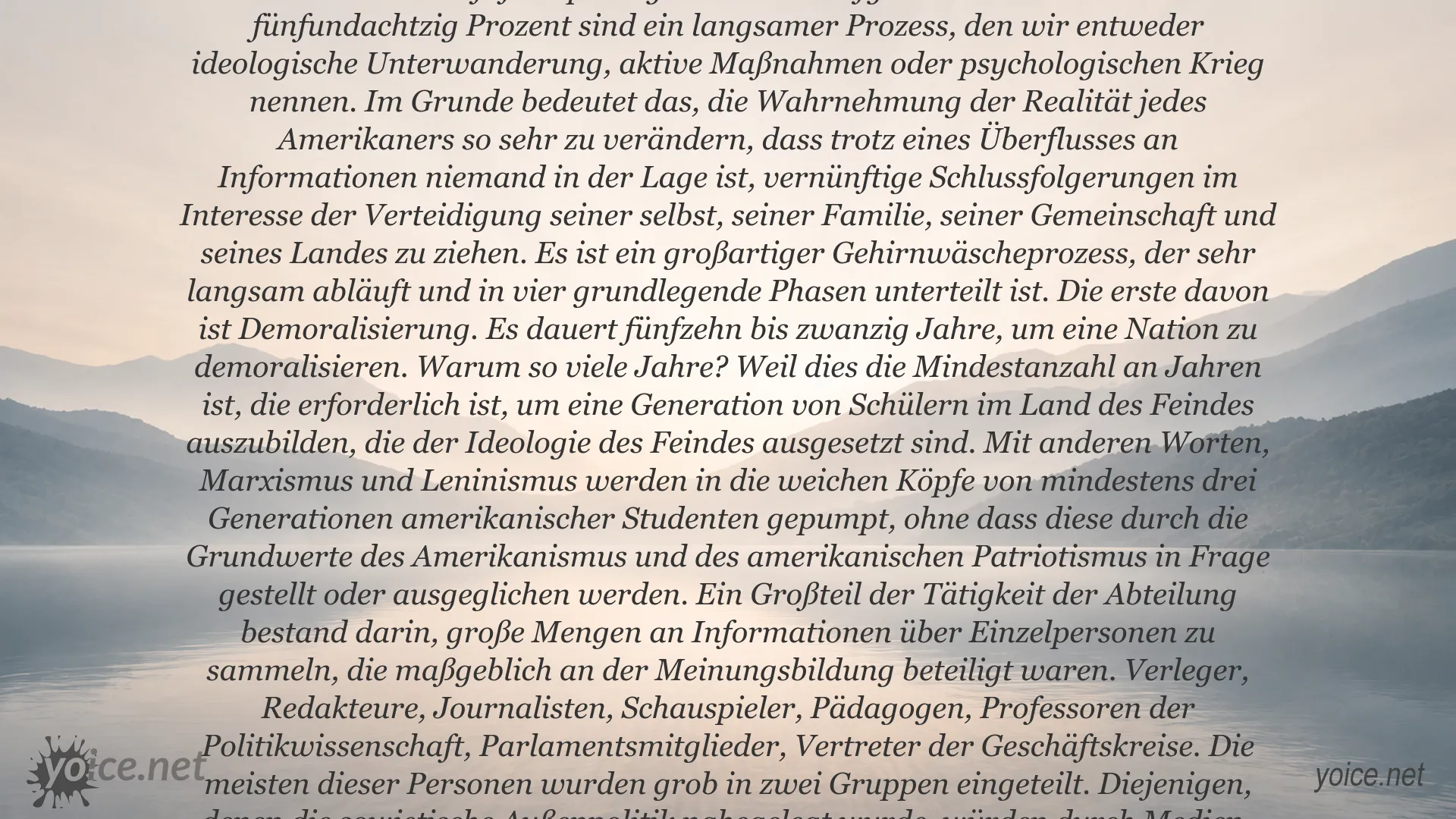Zitatgrafik mit einem Zitat von Juri Besmenow über ideologische Unterwanderung und Gehirnwäsche