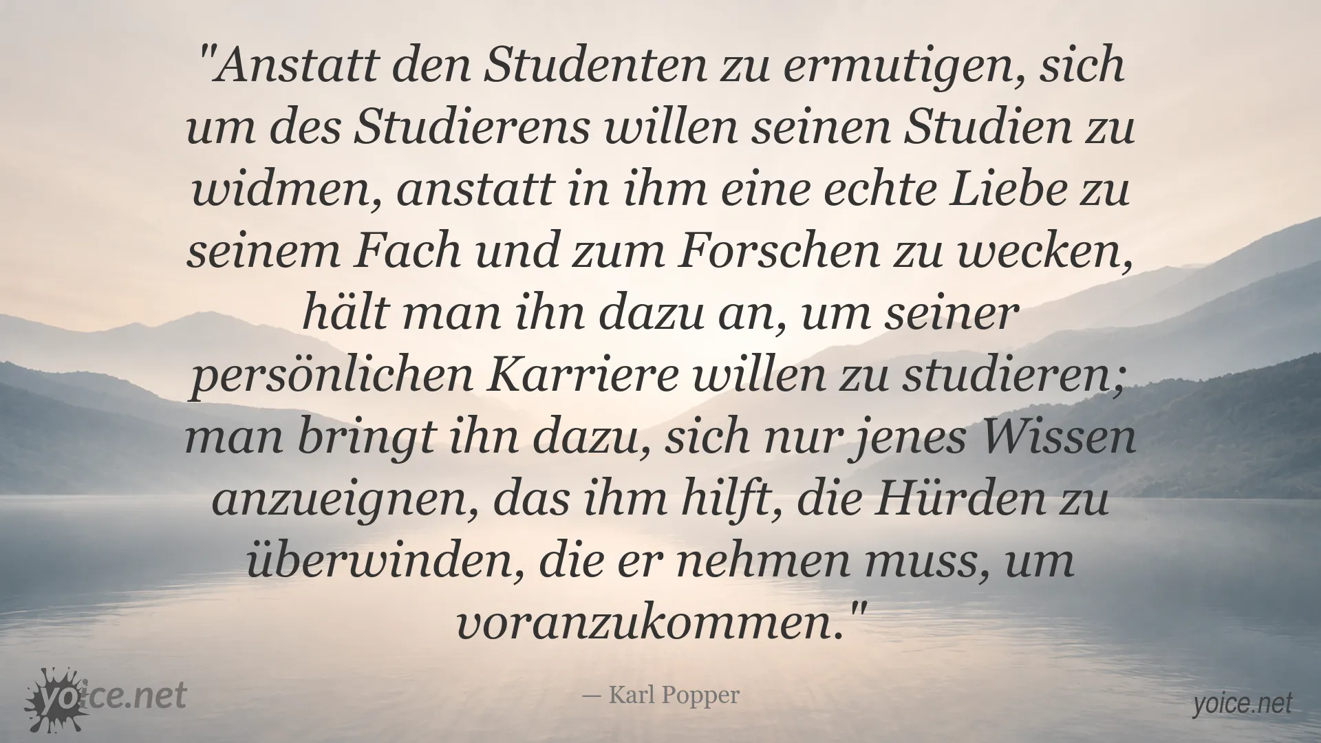 Zitatgrafik von Karl Popper über Studienmotivation, persönliche Karriere und den Wert echten Wissens
