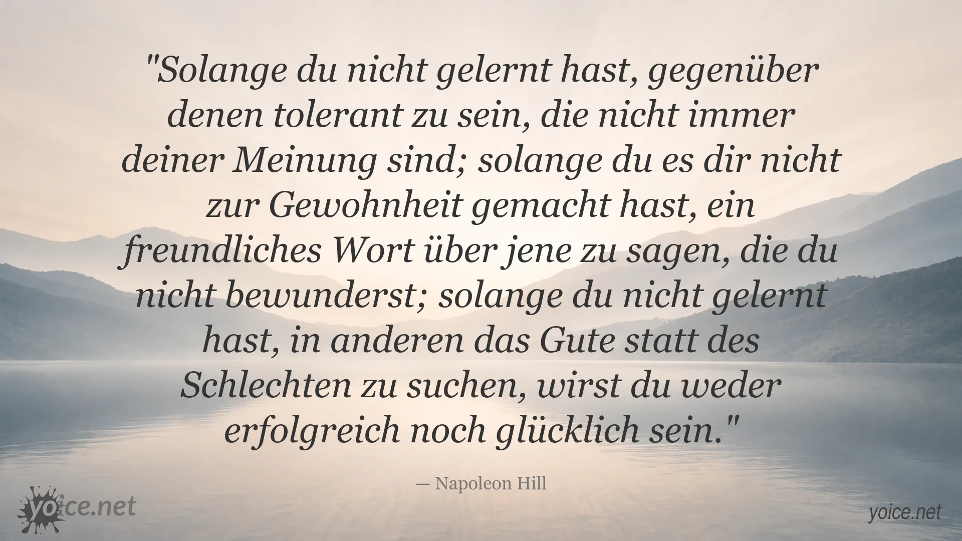 Zitatbild von Napoleon Hill über Toleranz, freundliche Worte und persönlichen Erfolg