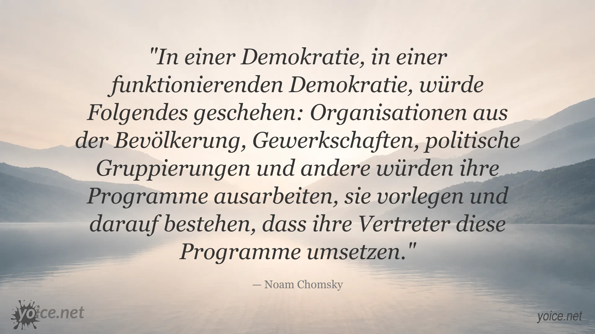 Zitatbild von Noam Chomsky über Demokratie, gesellschaftliche Organisationen und politische Mitbestimmung