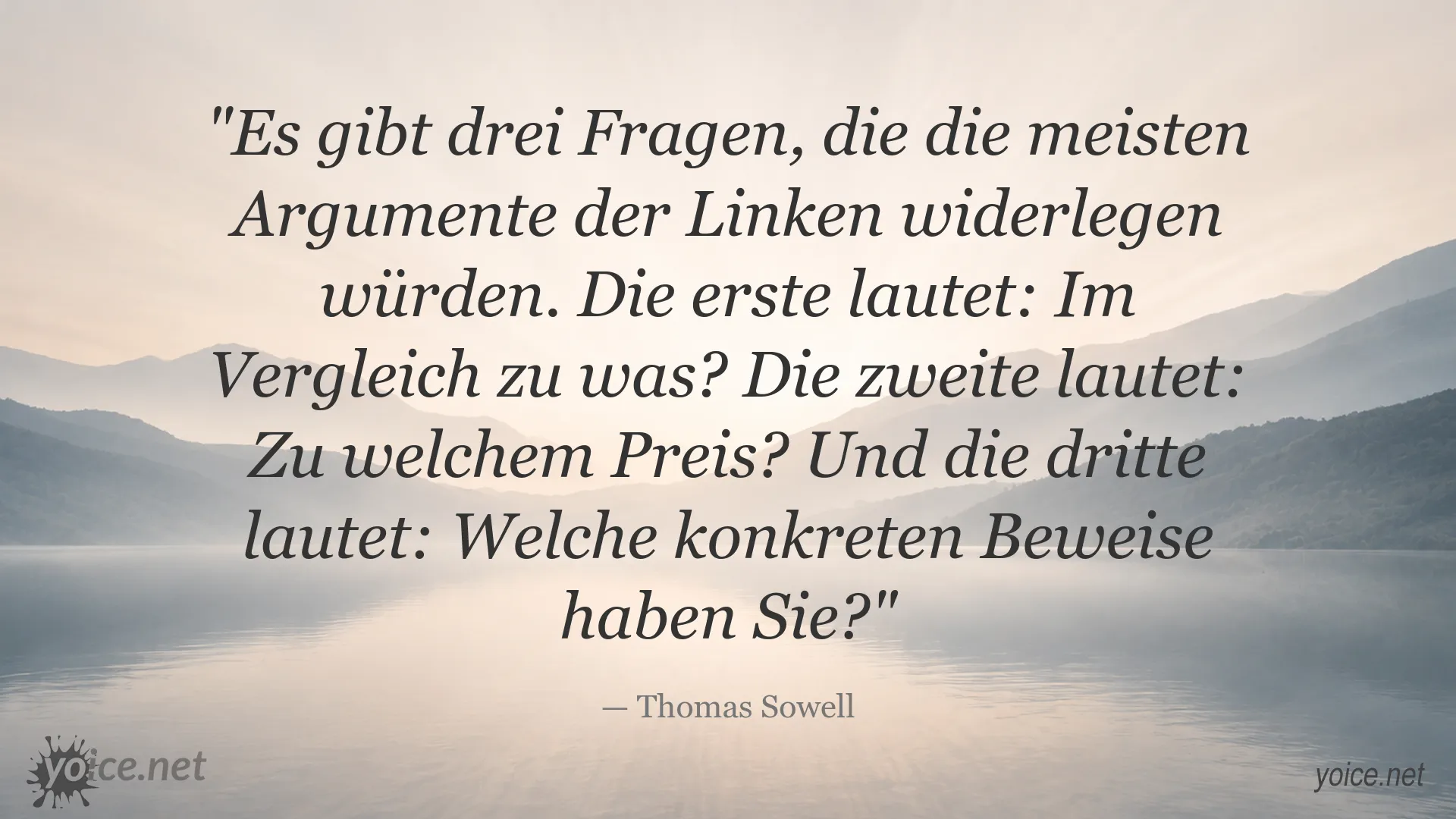 Zitatgrafik von Thomas Sowell über drei kritische Fragen zur Bewertung politischer Argumente