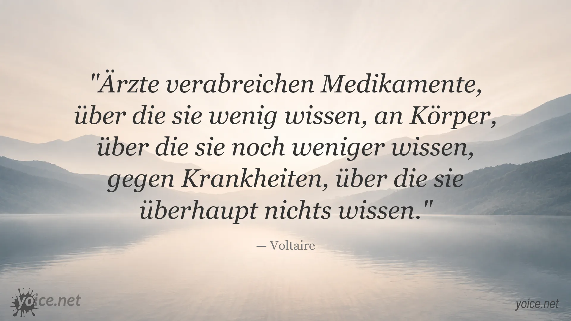 Zitatgrafik von Voltaire über Ärzte, Medikamente und medizinisches Wissen