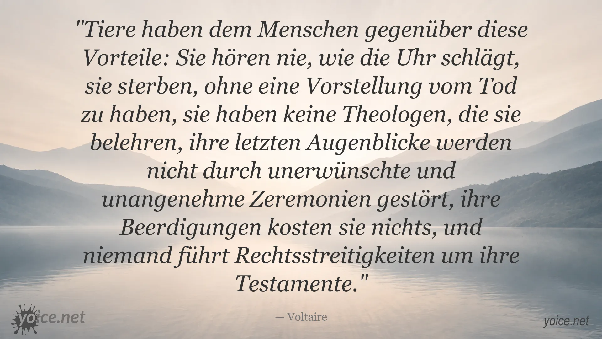 Voltaire-Zitat über die Vorteile von Tieren gegenüber Menschen, den Tod und gesellschaftliche Rituale