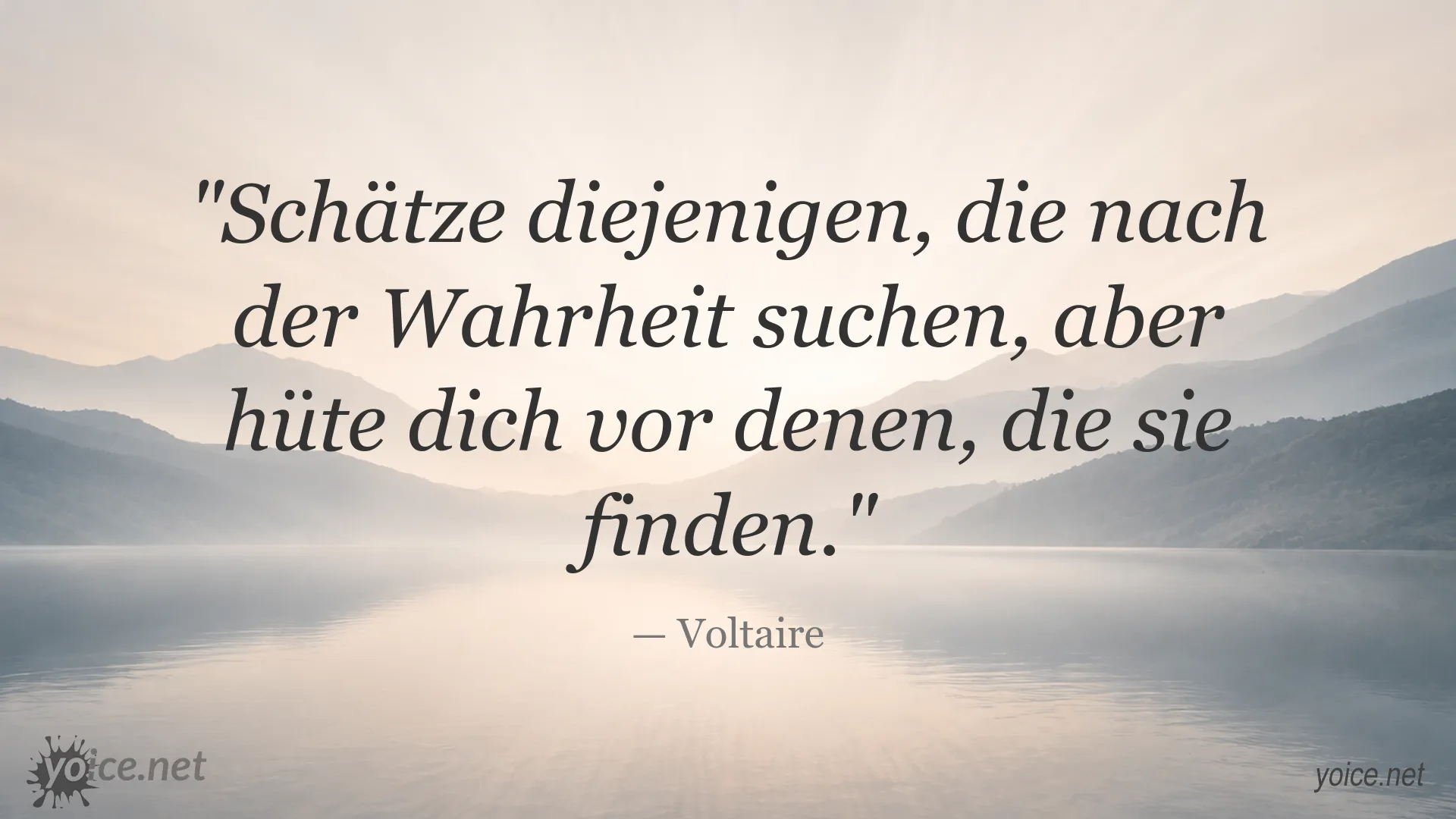Zitatgrafik von Voltaire über Wahrheitssuche und Vorsicht