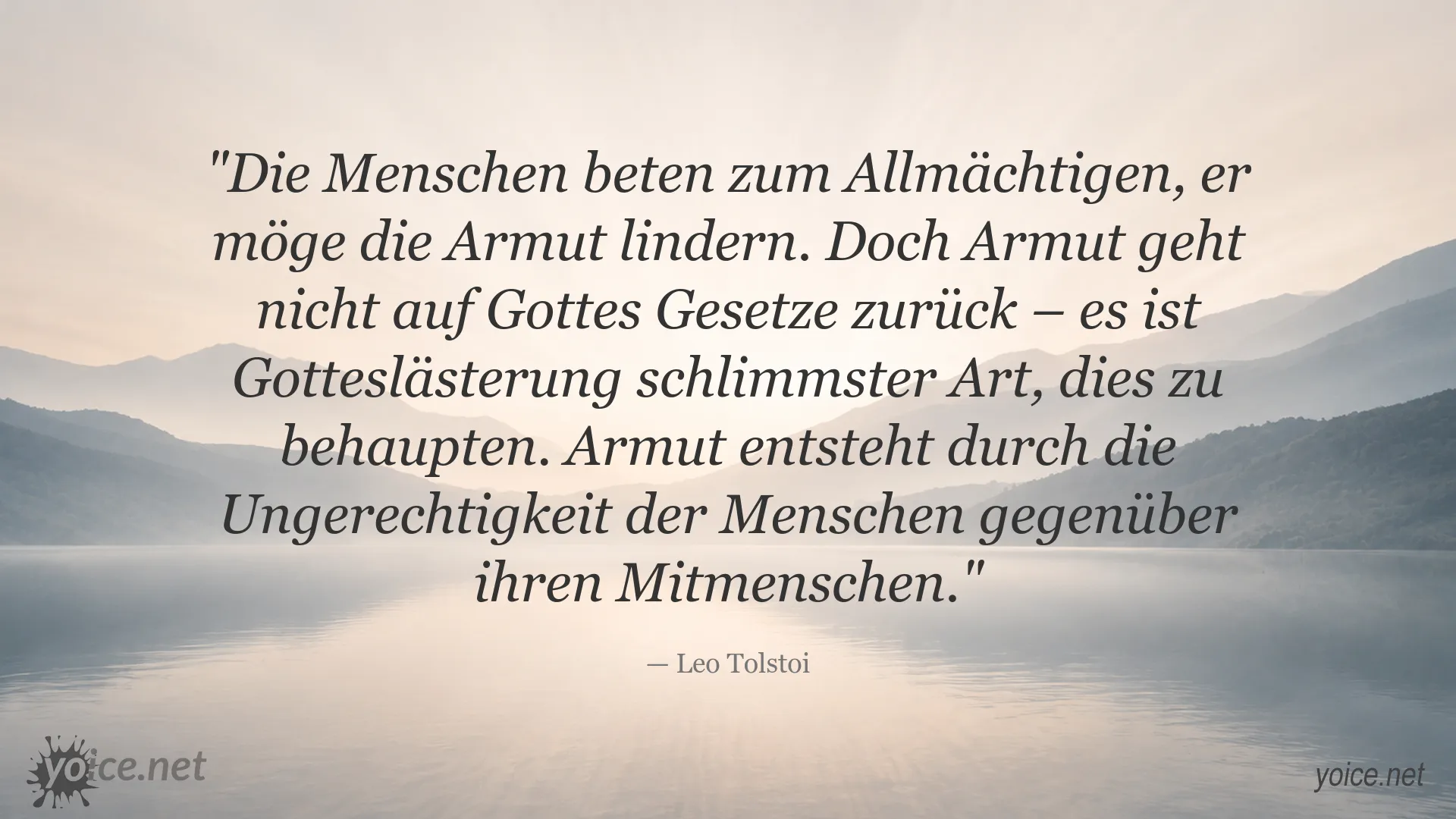 Zitatgrafik von Leo Tolstoi über Armut, soziale Ungerechtigkeit und menschliche Verantwortung