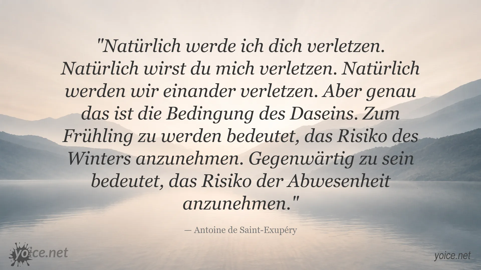 Zitatbild von Antoine de Saint-Exupéry über Verletzungen, Existenz und das Risiko des Daseins