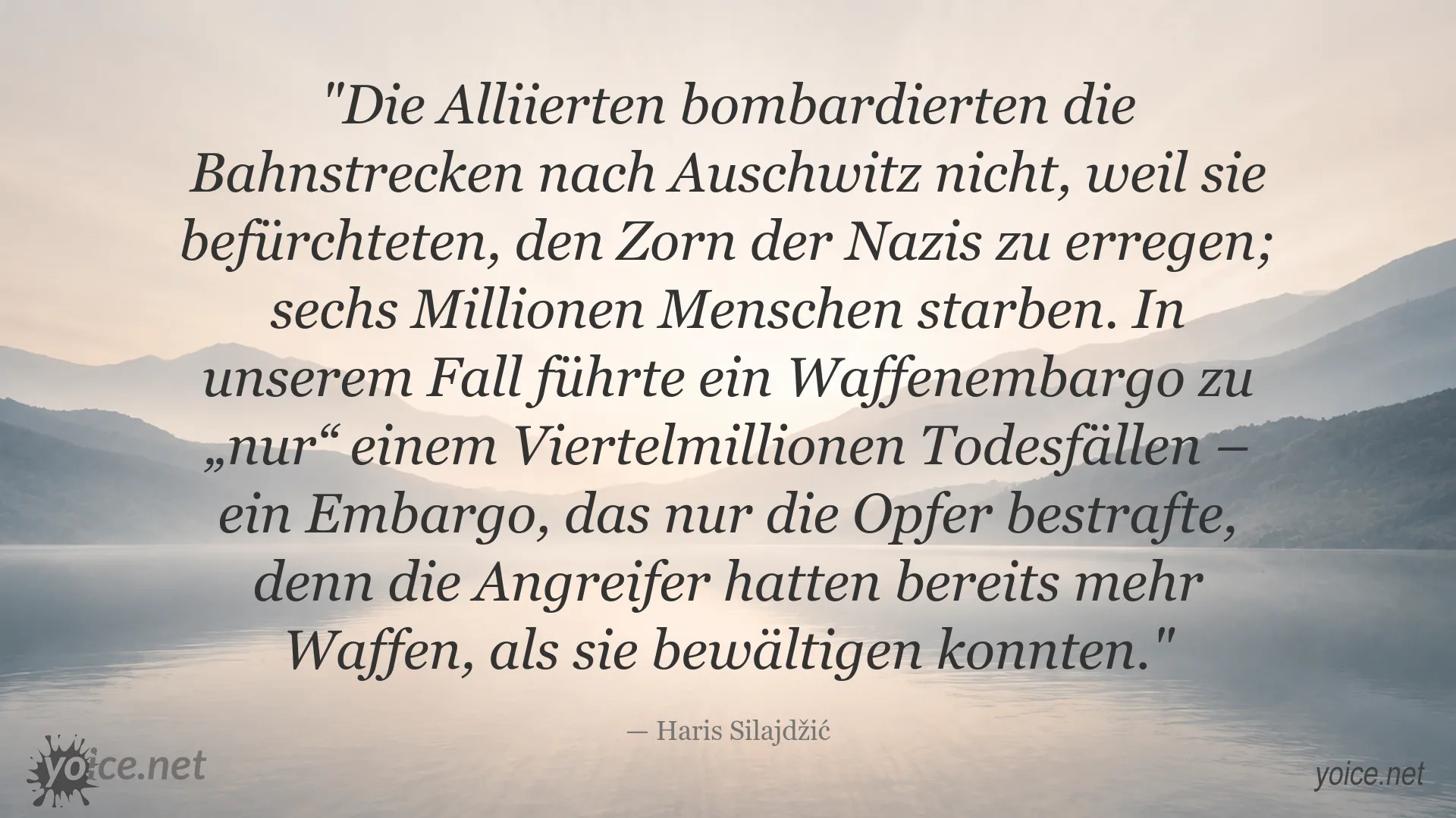 Zitatgrafik von Haris Silajdžić über Auschwitz, Waffenembargo und historische Verantwortung