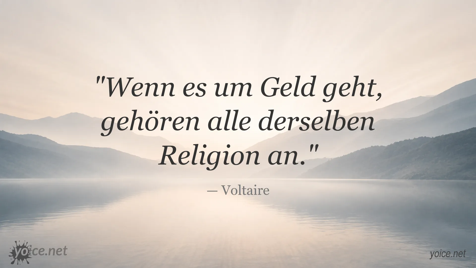 Zitatbild mit einem Zitat von Voltaire über Geld und Religion